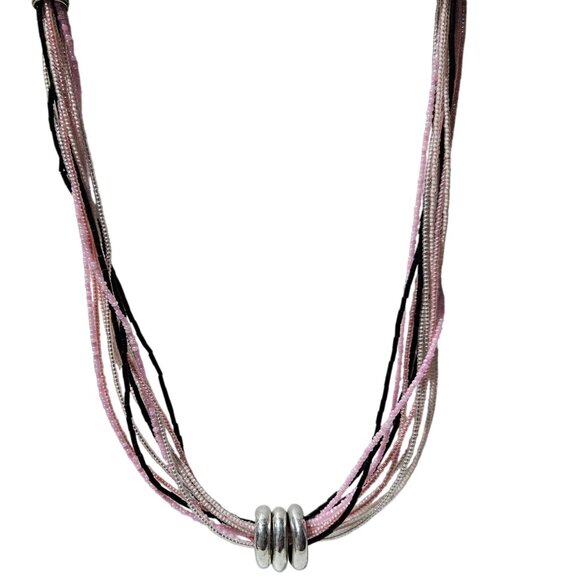 Elegant Multi Strand Pink Black Seed Beaded Statement Necklace Silver-Tone Rings - Picture 1 of 7